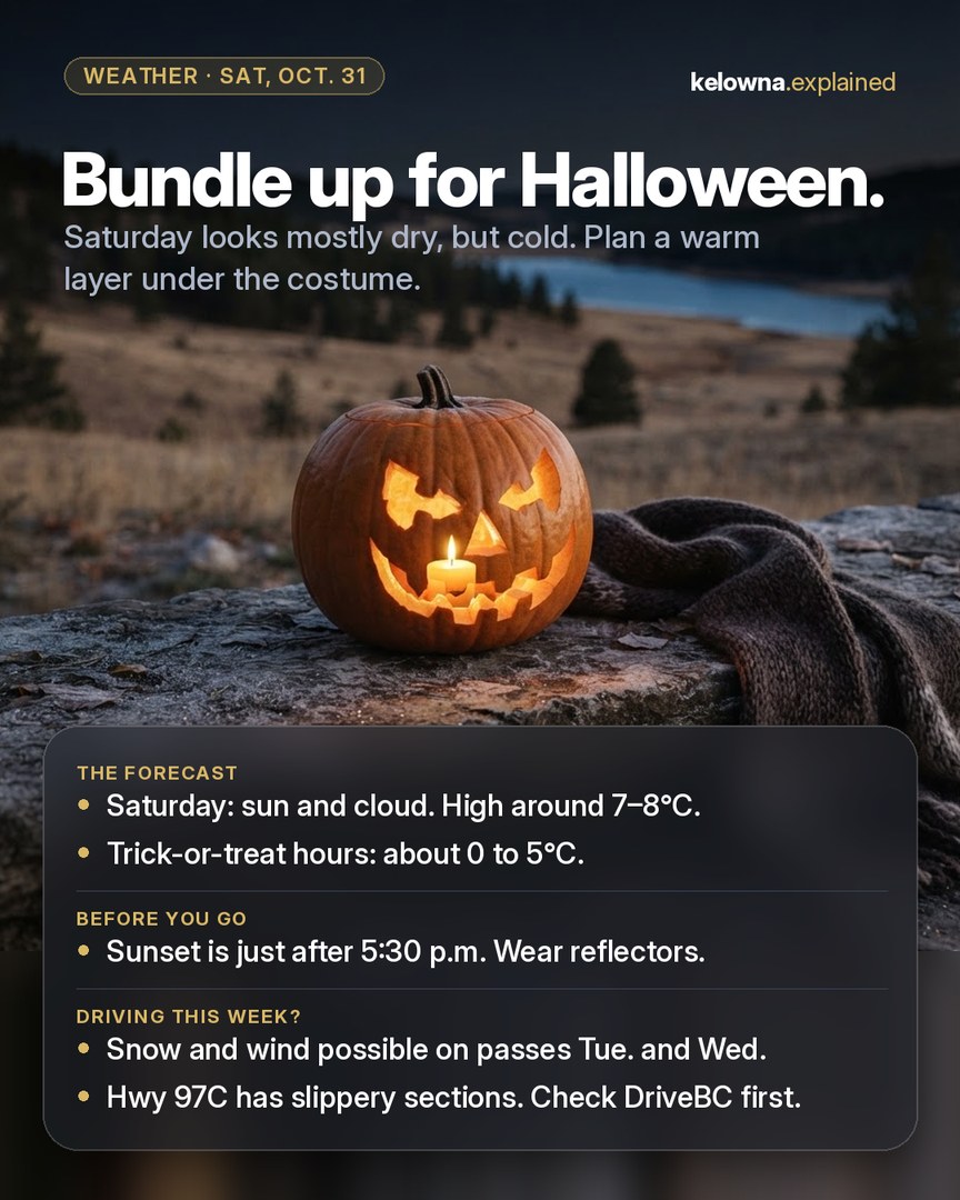 Our Instagram post: Bundle up for Halloween. A glowing jack-o'-lantern on a frosty stone step beside a knitted scarf, with dry hills and a lake behind.