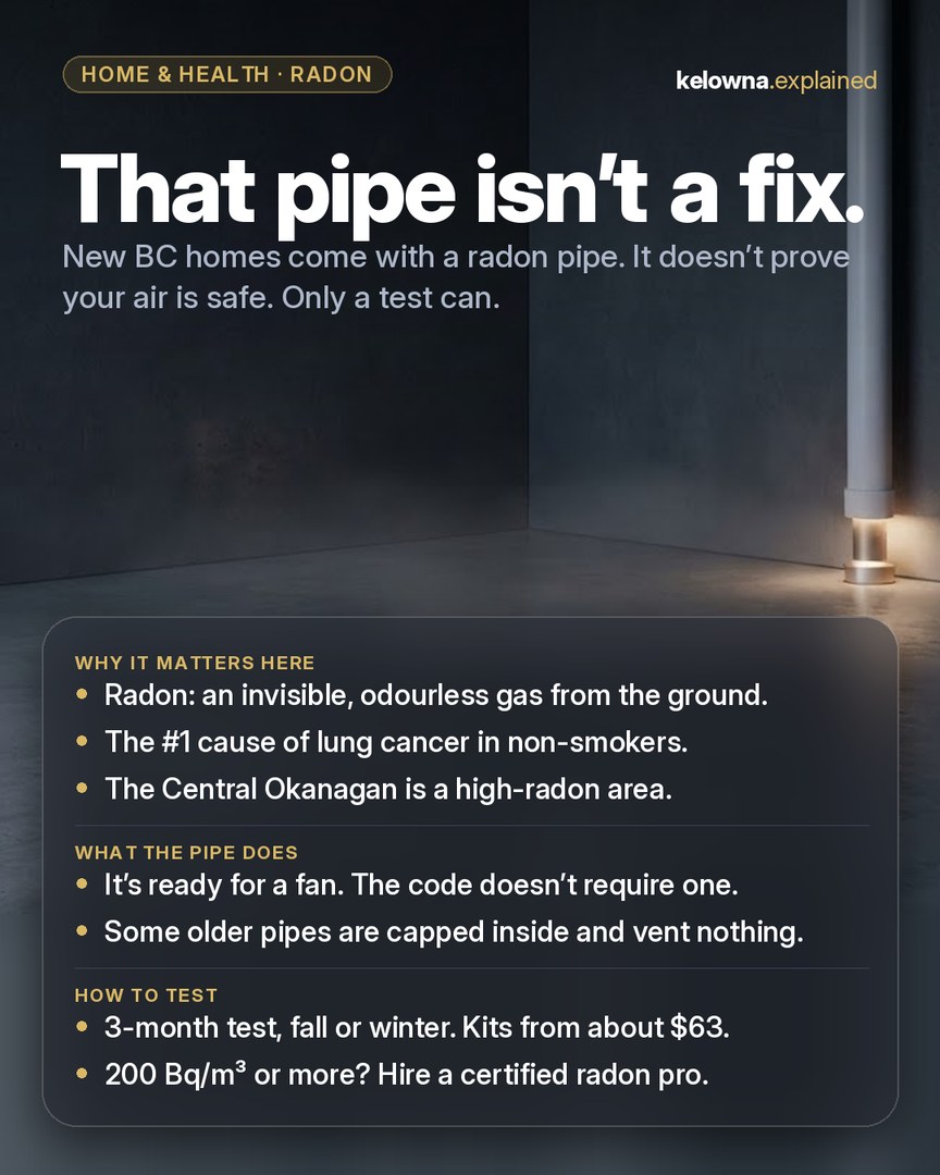 Our Instagram post: That pipe isn’t a fix. A white radon vent pipe rising from a concrete basement floor in soft light.