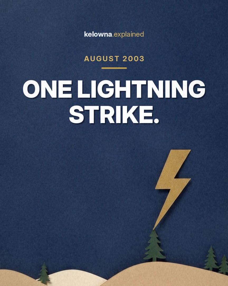 Our Instagram video: One lightning strike. A paper-cut gold lightning bolt over dark hills and pine trees, under the heading August 2003.
