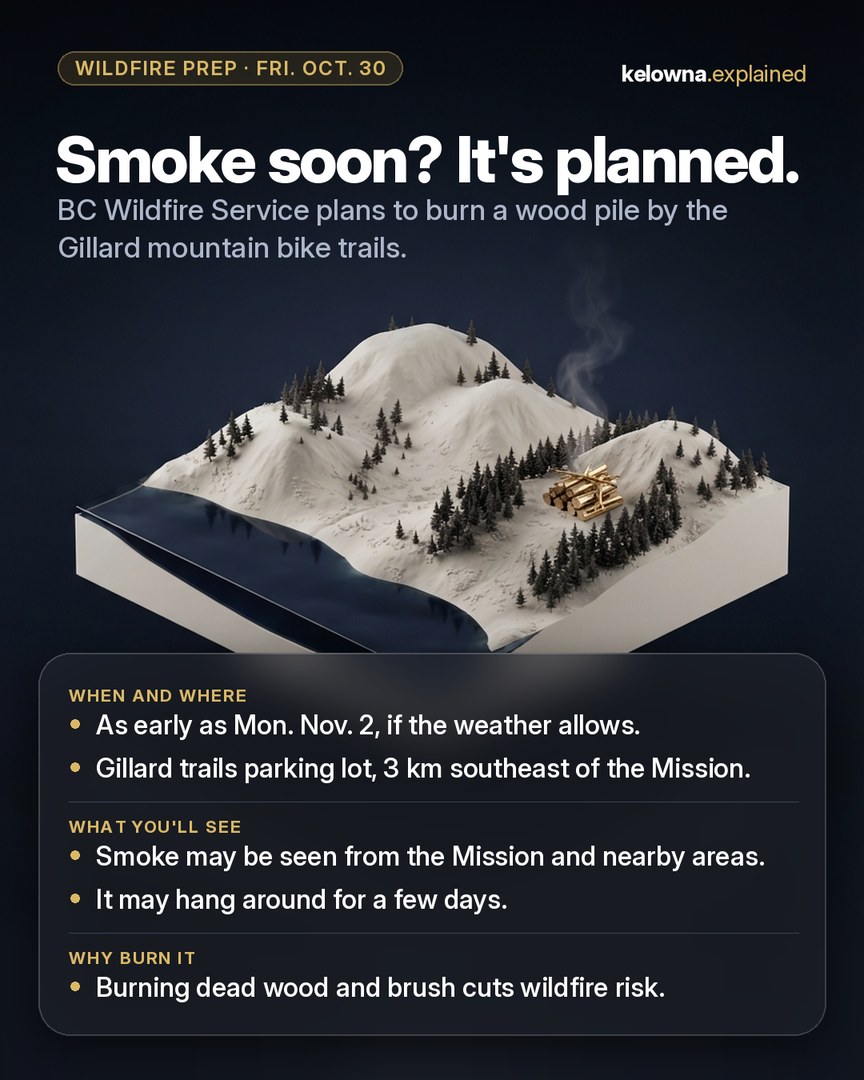Our Instagram post: Smoke soon? It's planned. A small gold log pile with a thin wisp of smoke on a model of forested hills beside a narrow blue lake.